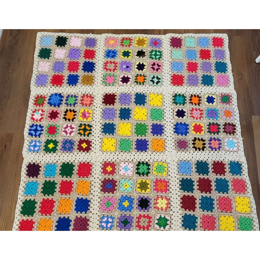Handmade Crochet Granny Square Afghan Throw Blanket Multicolor 45x47 Cottage
